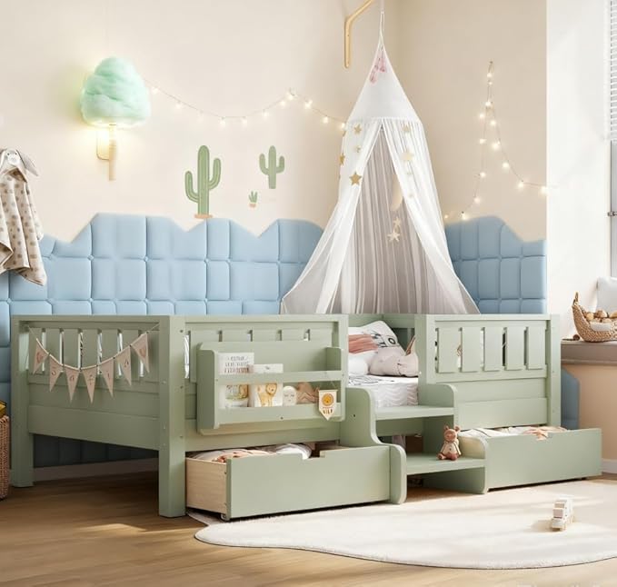 Bellemave Twin Size Kids Bed with high Rails and with Built-in Bookshelf and Drawers for Kids, Girls, Boys, Wood Montessori Bed Without Door, Avocado Green