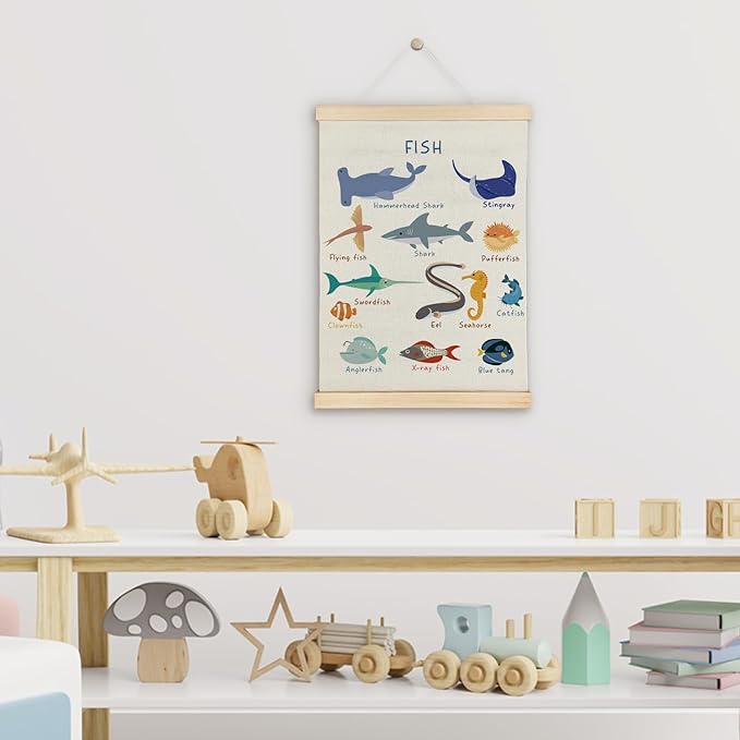 SereneHanctuary Fish Wall Art, Ocean Nursery Wall Decor, Coastal Beach Marine Animal Fish Poster Hanger Frame for Toddler Kids Room Bedroom Nursery Playroom Classroom Decor, 12x16 Inches