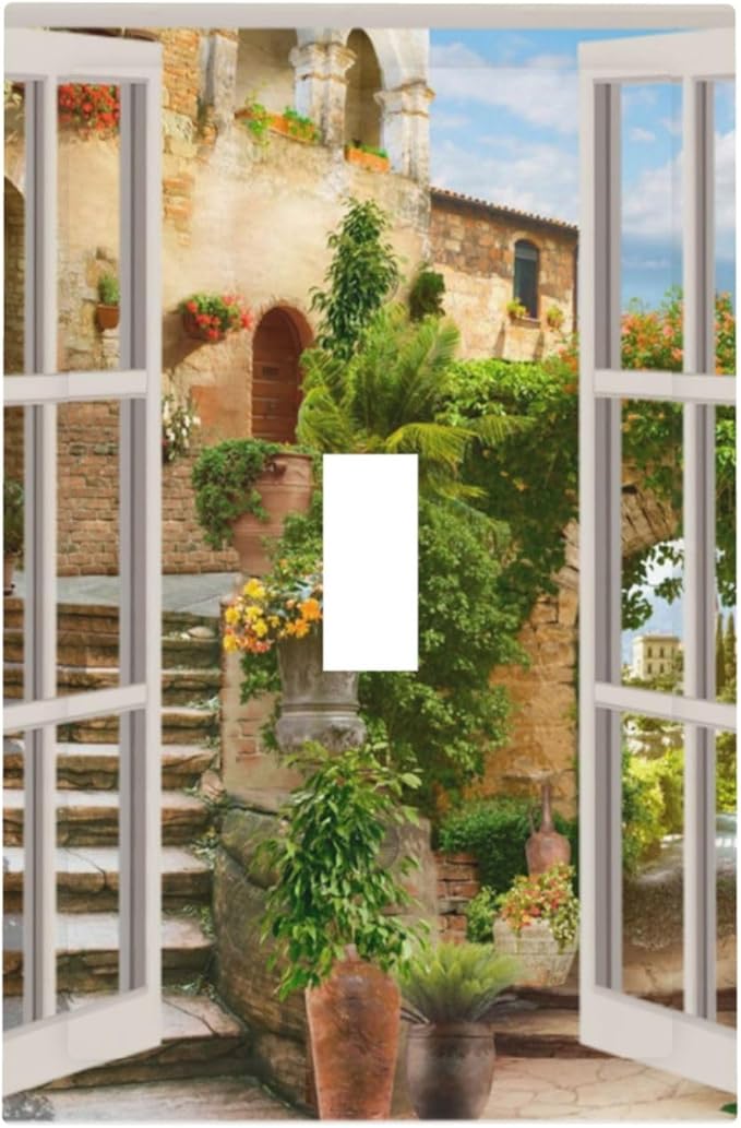 Mediterranean Greece Scene Flowers Single Toggle Wall Plate Covers 1 Gang Light Switch Cover Italian Town from Another Window Faceplate Decorative Electrical for Bathroom Kitchen Home Decor