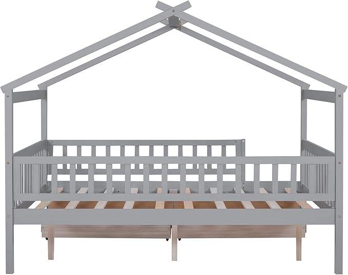 Merax Full Size Wooden House Bed with Two Drawers, Wood Bed Frame with Roof and Safety Guardrail for Kids, Teens, Boys or Girls, Gray