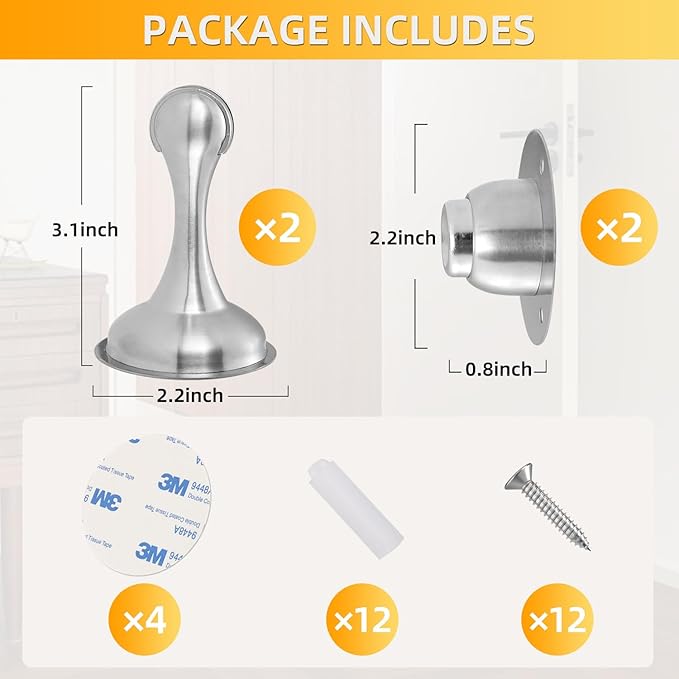 4 Pack Magnetic Door Stop No Drilling Door Stop with 3D Adhesive Tapes Keep Door Open Door Stainless Steel Screws for Stronger Mount (Silver)