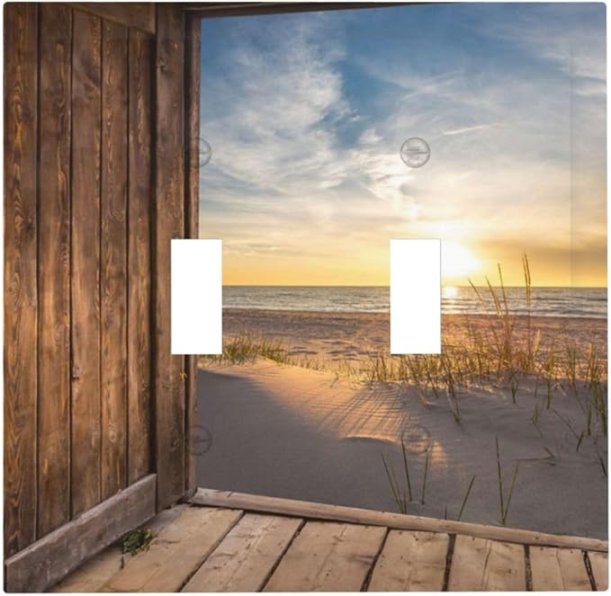Sun Beach Grass Ocean Landscape 2 Gang Light Switch Plate Decorative Double Toggle Wall Plate Farmhouse Western Brown Barn Door Receptacle Switchplate Decorate for Home Living Room Bedroom