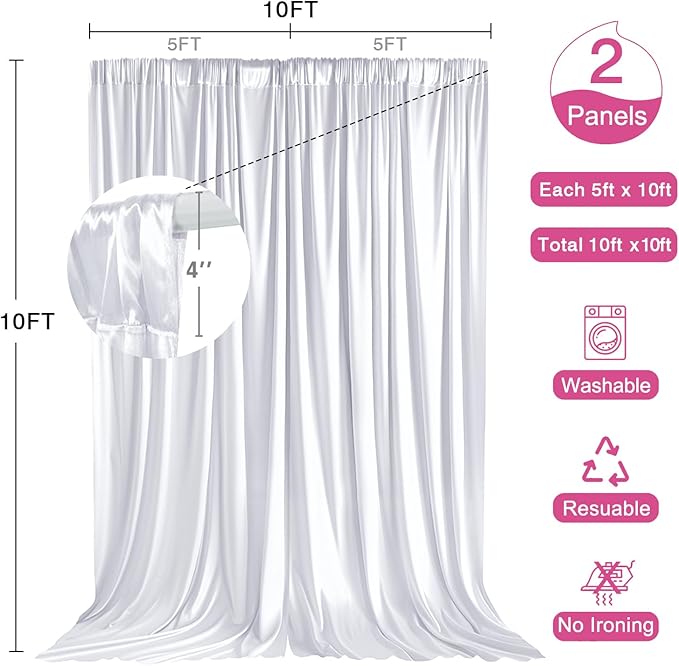 10x10ft Wedding Curtains White Wedding Backdrop for Ceremony Prom Stage Backdrop Satin Fabric Curtain Drapes Curtains Panels with Rod Pockets W5' x H10'2 Panels YUNBSDJ005