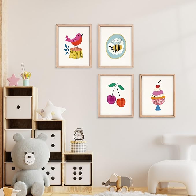 VONTP Kids Classroom Wall Art Decor, Eclectic Retro Bird Bee Cherry Cake Classroom Prints Poster Wall Decorations for Kids Nursery Toddler Girls Room Bedroom Playroom, 8x10 Inch Set of 4 (Unframed)