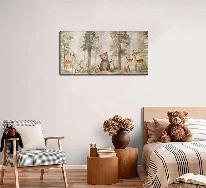 Woodland Animal Nursery Canvas Wall Art Wild Animals Forest Paintings Pictures Wall Decor Fox Bear Deer Watercolor Poster Print Artwork for Boys Room Girls Room Home Decoration （Framed）