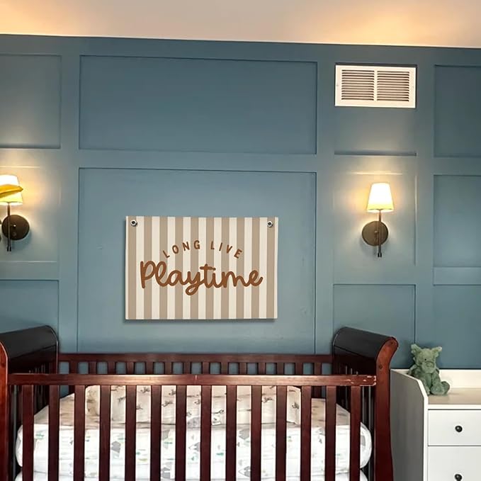 Playroom Decor, Long Live Playtime Wall Hanging Linen Banner, Blue Striped Wall Flag for Kids Room Nursery Playroom Decor, 20x30 Inch-Brown