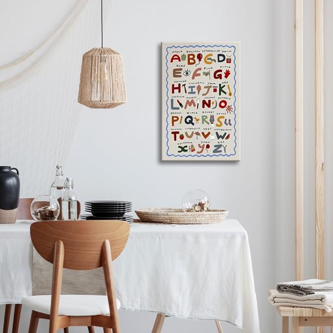 Cute First Illustration Alphabet Learning Canvas Print Posters Eclectic Nursery Wall Art Funny Boho Kids Educational Abc Chart Colorful Decor Picture for Toddlers Classroom Playroom 12x16inch Framed