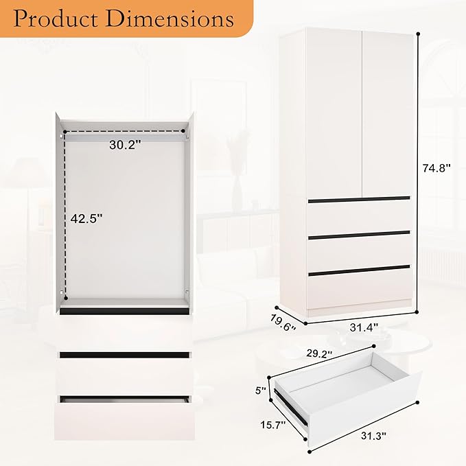 Armoire Wardrobe Closet with Drawers：75" Large White Wardrobe Closet Cabinet with 4 Doors for Hanging Clothes, Modern Wooden Bedroom Armoires with 3 Drawers and Storage (B+C, 63")