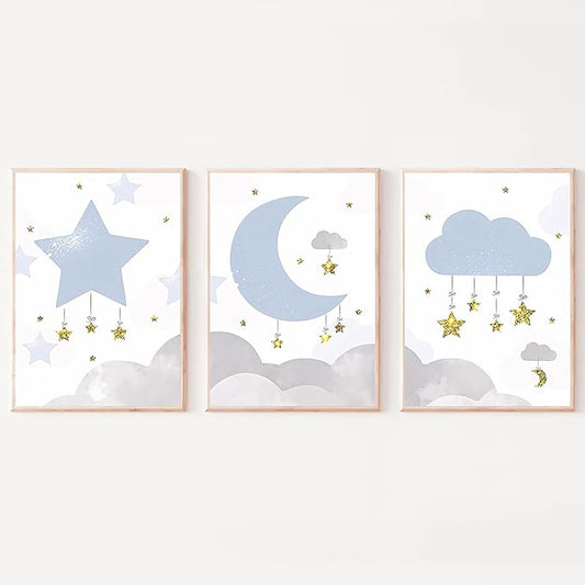 LUHDFYS Cartoon Moon and Stars Canvas Wall Art Print,Scandinavian Style Nursery Decor Poster,Blue Moon and Stars Wall Art,Cute Baby Room Classroom Decoration for Boys and Girls Unframed