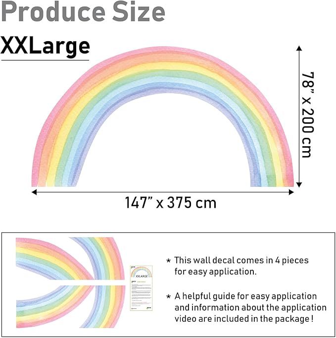Watercolor Rainbow, Sun, Polka Dots Wall Decal for Kids Room, Nursery, Baby Room Decor, Polka Dots Mural, Rainbow Wallpaper (Rainbow, XXLarge)