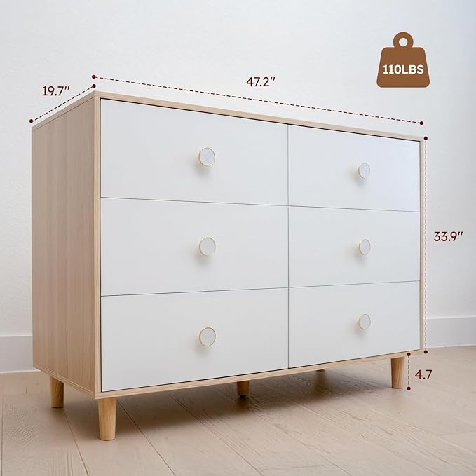 White Dresser for Bedroom, 6 Drawer Dressers with Solid Wood Legs, Baby Dresser for Kids, Storage for Clothes and Baby Essentials