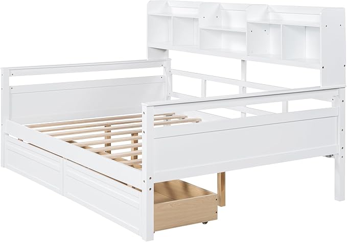 Harper & Bright Designs Full Daybed with Storage, Wooden Full Size Bed Frame with Bookcase Headboard and 2 Drawers, Full Sofa Bed with Shelves for Living Room Bedroom, No Box Spring Need, White