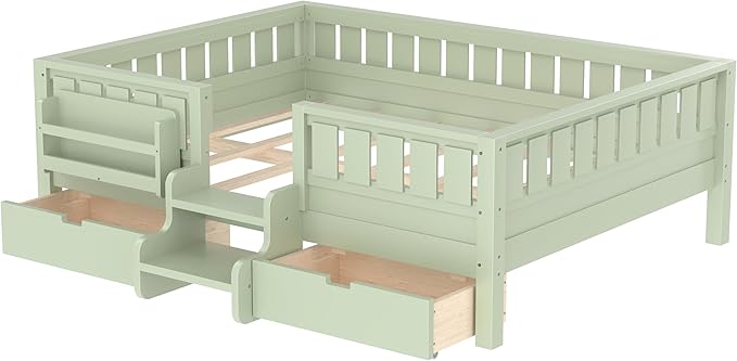 Bellemave Full Size Kids Bed with high Rails and with Built-in Bookshelf and Drawers for Kids, Girls, Boys, Wood Montessori Bed Without Door, Avocado Green