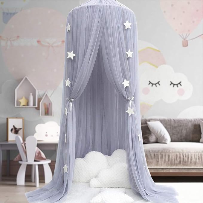 OldPAPA Bed Canopy for girls - Princess Bed Canopy Mosquito Net Nursery Play Room Decor Dome Premium Yarn Netting Curtains Baby Game Dream Castle, Grey