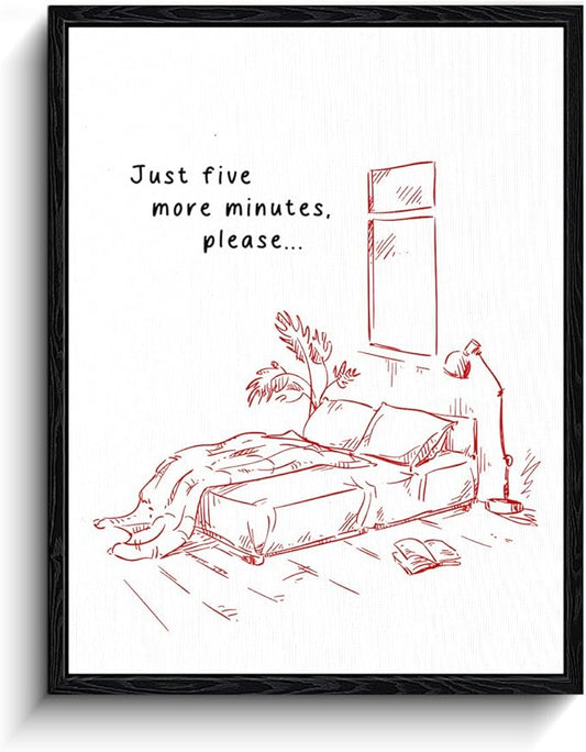 Sleep Quote Wall Art, just five more minutes message, minimalist line art wall decor, matte finish framed canvas print, bedroom humor poster artwork, for night owls gift, 12x15 inch