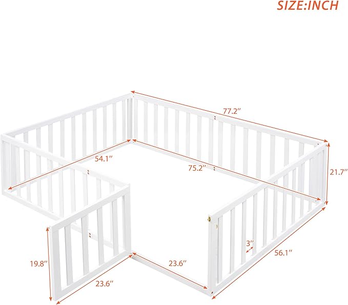 Merax Full Floor Bed with Safety Guardrails and Door, Wood Montessori Floor Bed Frame for Kids, Full Playhouse Bed Frame for Baby Girls and Boys, White