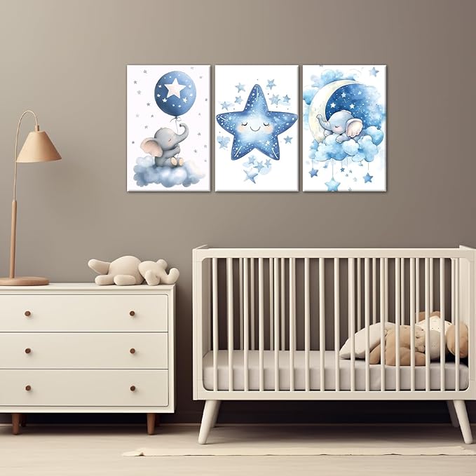 Nursery Canvas Wall Art Elephant Pictures Wall Decor Moon and Stars Painting Baby Boy Prints Cute Animal Poster Artwork for Kids Room Bathroom Decor Framed(Baby-1,11L x 14W x 3Pcs)