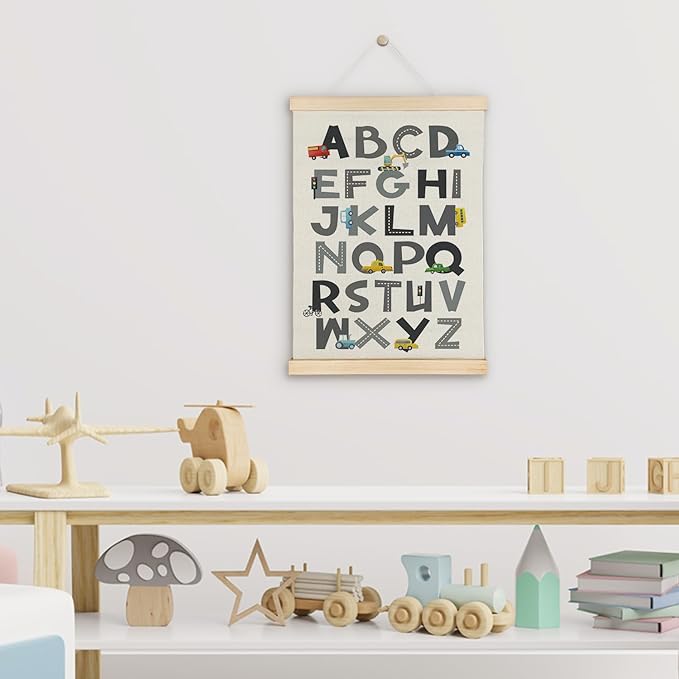 SereneHanctuary Car Alphabet Educational Learning Poster For Toddlers,Educational ABC Car Nursery Poster Hanger Frame for Nursery Boys Room Classroom Decor,12X16Inches