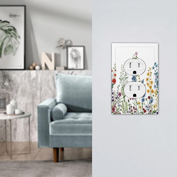 Decorative Outlet Covers Colorful Wildflowers Plants Flowers on White Background 1 Gang Duplex Light Switch Cover Plate Electrical Switch plate Covers Wallplates Receptacle Covers for Home Decor