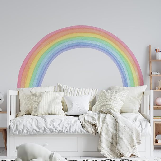 Watercolor Rainbow, Sun, Polka Dots Wall Decal for Kids Room, Nursery, Baby Room Decor, Polka Dots Mural, Rainbow Wallpaper (Rainbow, Large)