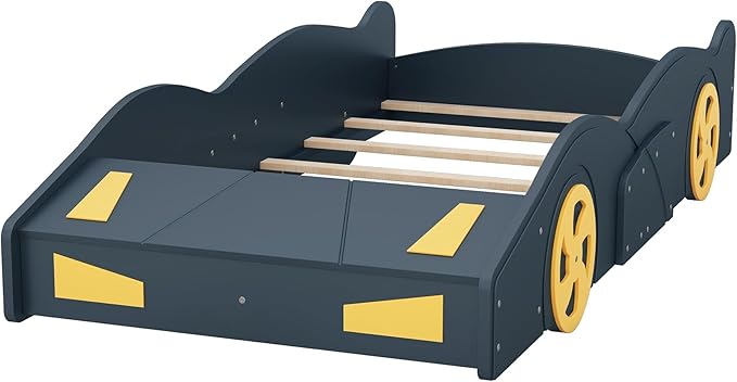 Harper & Bright Designs Twin Size Race Car-Shaped Platform Bed with Wheels and Storage, Dark Blue+Yellow