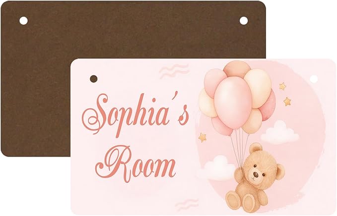 Pink Bear Design Personalized Room Door Sign Custom Name Signs Kids Girls Bedroom Decor Nursery Dorm Farmhouse Baby Room Wood Hanger Toddler Art Wall Plaque 12x6 Inches