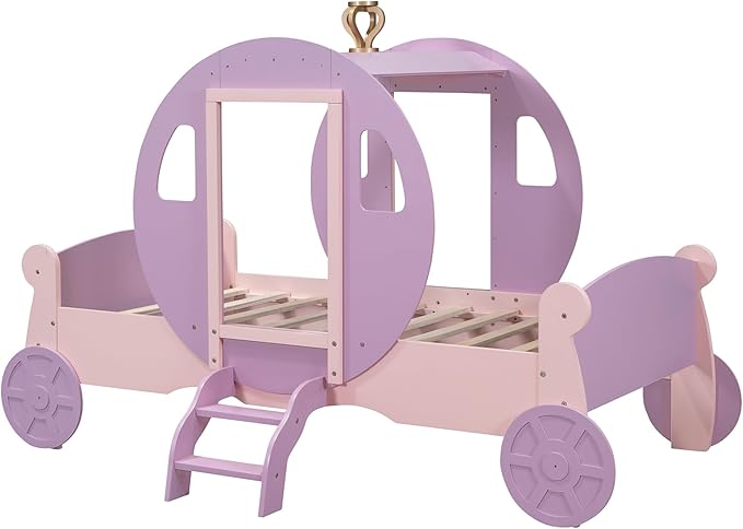 Cute Twin size Princess Carriage Bed with Crown and Stair, Solid Wood Car Bed Frame with 2 Doors, Headboard and Footboard, Safety Wood Slats for Kids Boys Girls Teens Adults (Purple+Pink-s18)