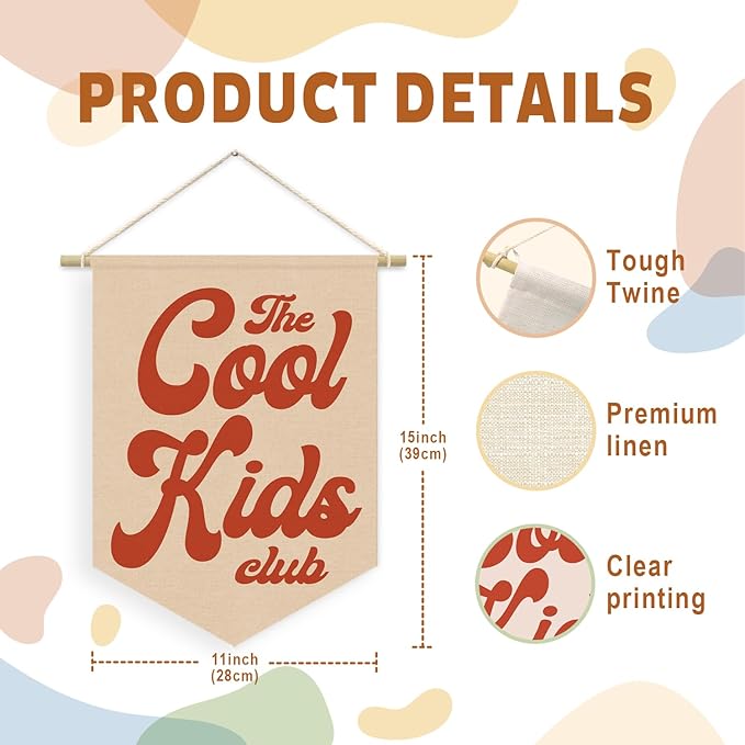 Playroom Wall Hanging Banner, Cool Kids Club Retro Pennant Flag, Boy Nursery Decor, Classroom Decor Baby Nursery Room Banner