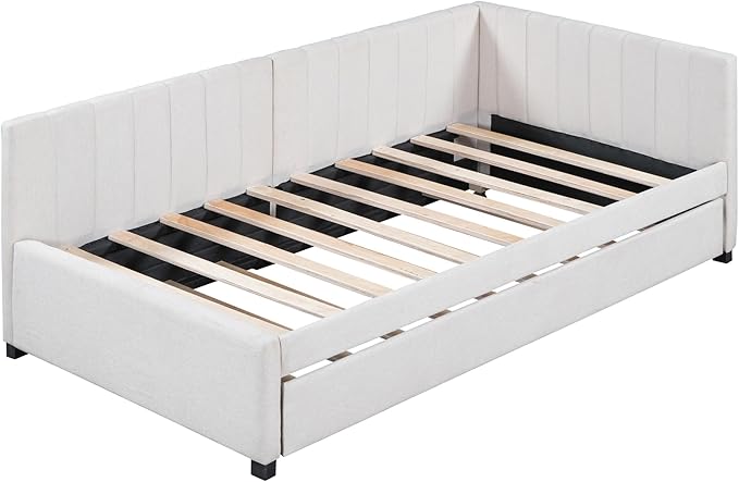 Harper & Bright Designs Upholstered Daybed with Trundle Twin Size Sofa Bed Frame No Box Spring Needed, Linen Fabric(Beige)