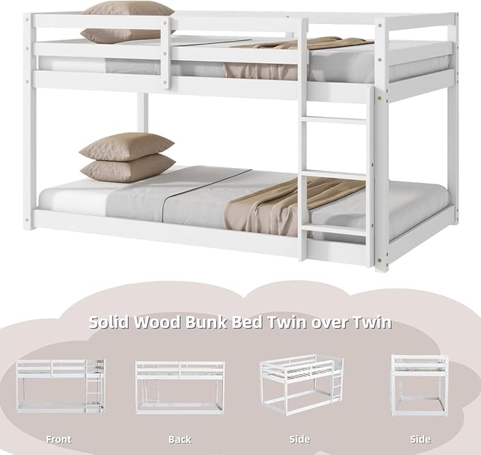 Merax Solid Wood Low Bunk Bed Frame for Kids/Toddlers/Junior, with Built-in Ladder, High Guardrail and Slats, Floor Bed Bottom Bunk, No Box Spring Needed, for Small Spaces, Twin-Over-Twin, White