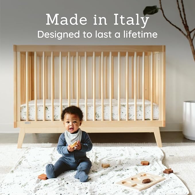 dadada Baby Soho 3 in 1 Convertible Wooden Crib to Toddler Bed - Made in Italy, GREENGUARD Gold Certified, Baby-Safe Finish, Sustainable Beech Wood, Modern Design, 3 Adjustable Heights (Natural)