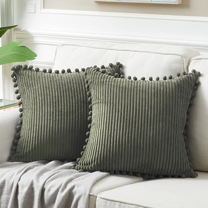 Fancy Homi Pack of 2 Olive Green Decorative Throw Pillow Covers 24x24 Inch with Pom-poms for Couch Bed Living Room, Soft Corduroy Solid Square Cushion Case 60x60 cm, Farmhouse Boho Home Decor