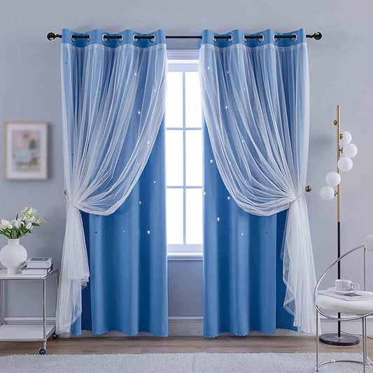 Anytime Girls Curtains for Bedroom Star Hollow Out Blackout Curtains for Kids Room Decor Double Layer Star Cut Out Window Curtains (2 Panel,W52 x L84,Blue)