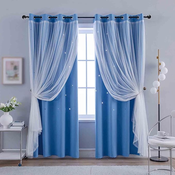 Anytime Girls Curtains for Bedroom Star Hollow Out Blackout Curtains for Kids Room Decor Double Layer Star Cut Out Window Curtains (2 Panel,W52 x L63,Blue)