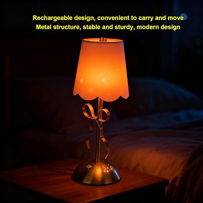 Zunate Bow Table Lamp, Rechargeable Cordless Bedside Lamp with Fabric Shade, Touch Control & Dimmable Brightness,Cute Decorative Metal Light for Bedroom, Nursery, Living Room