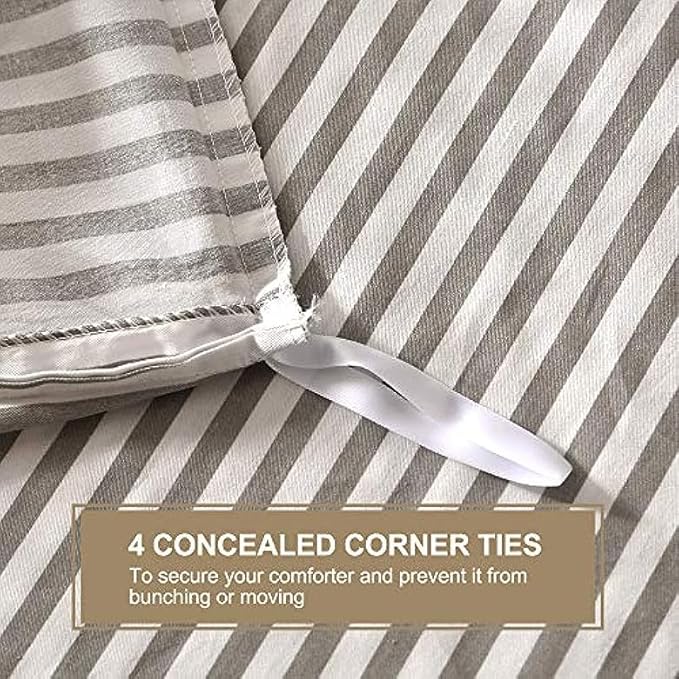 JELLYMONI Duvet Cover, 100% Natural Cotton, Printed Comforter Cover with Zipper Closure and Corner Ties (Super King Plus 120×120 Inch, White Duvet Cover Set with Grey Stripes Pattern)