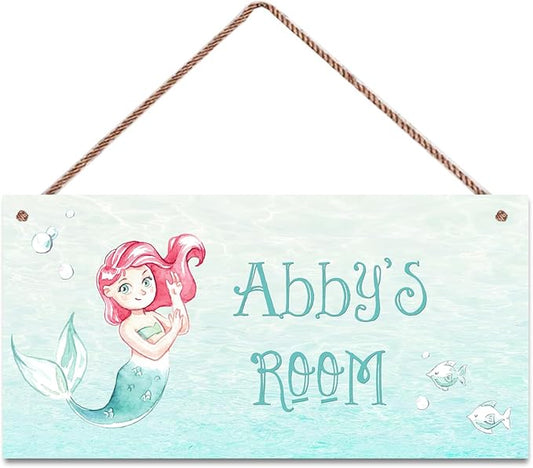 Personalized Sign Mermaid Sign,Ocean Theme Wall Decor For Kids Room Custom Name Door Art Decor For Nursery, Floral Art Plate For Boys Room Girls Bedroom Little Man Cave