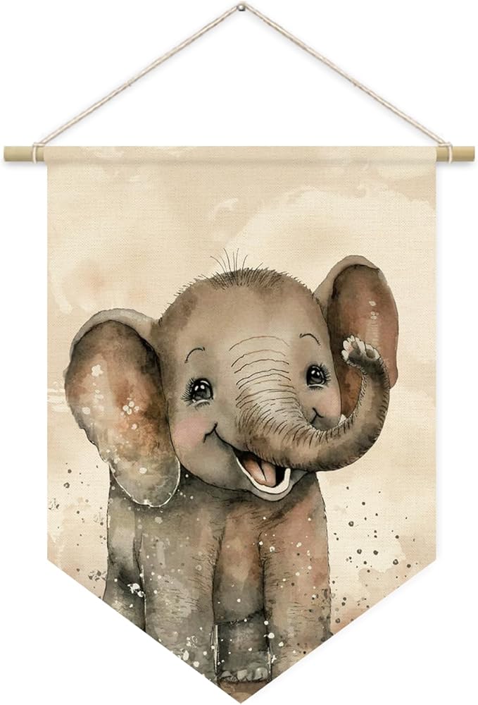 Safari Nursery Decor, Elephant Watercolor Wall Art Canvas Banner, Woodland Nursery Decor, Watercolor Animal for Toddler Room, Elephant Canvas Hanging Pennant Flag Banner, Gift for Baby Girl Boy