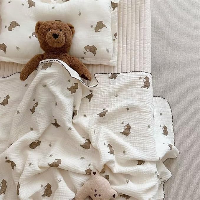 BuLuTu 47"x51" Large Toddler Girls Boys Blanket Muslin Cotton, Lightweight Soft Thin Summer Crib Quilt, Cute Animal Baby Blankets Newborn Infants Nursery Blanket, Bear Bee Pattern
