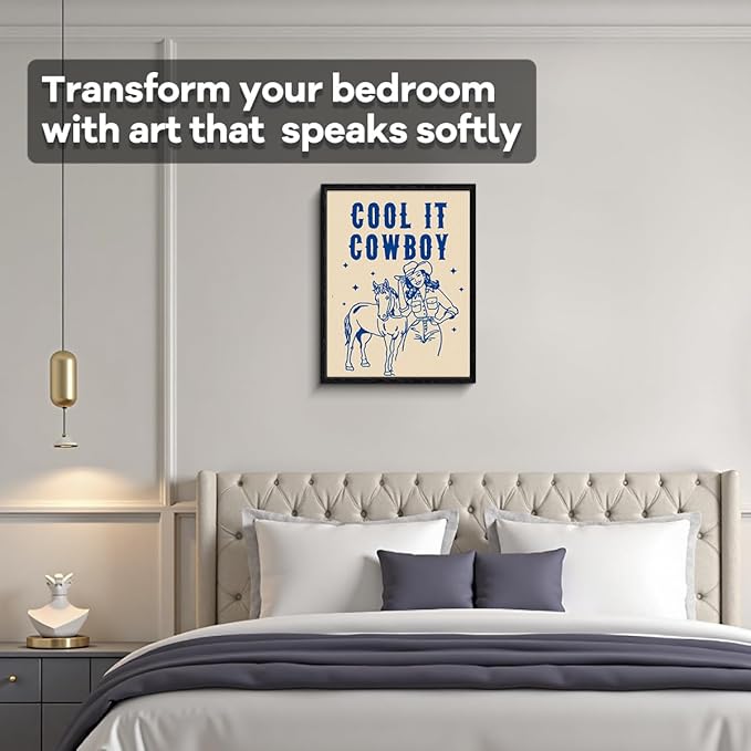 Western Cowgirl Wall Art, cool it cowboy message, vintage western wall decor, matte finish framed canvas print, western poster artwork, for country bar game room gift, 12x15 inch