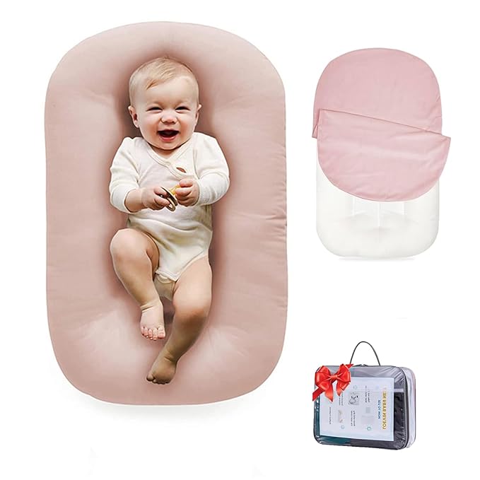 Baby Lounger 0-24 Months 100% Cotton-Snuggle Cozy Me Lounger,Soft & Breathable Tummy Time Mat for Newborn Infant Play Mat,Babies Essentials Gifts,Pink(Lounger Cover Included)