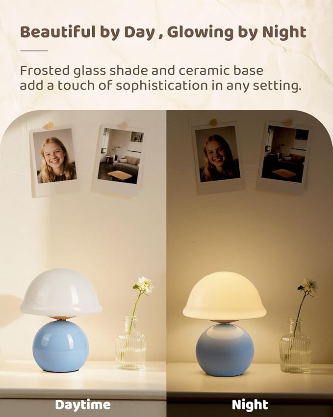 Mushroom Lamp for Bedroom, Cute Small Bedside Table Lamp with Glass Lampshade, Dimmable Nightstand Lamp Mid Century Modern Lamp for Home Living Room Decor (Blue)