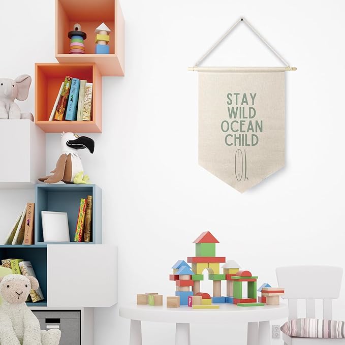 Qpenm Ocean Nursery Decor, Stay Wild Ocean Child Wall Hanging Canvas Banner, Coastal Nautical Surfing Hanging Pennant Flag Posters Prints for Kids Room Nursery Classroom Playroom Decor