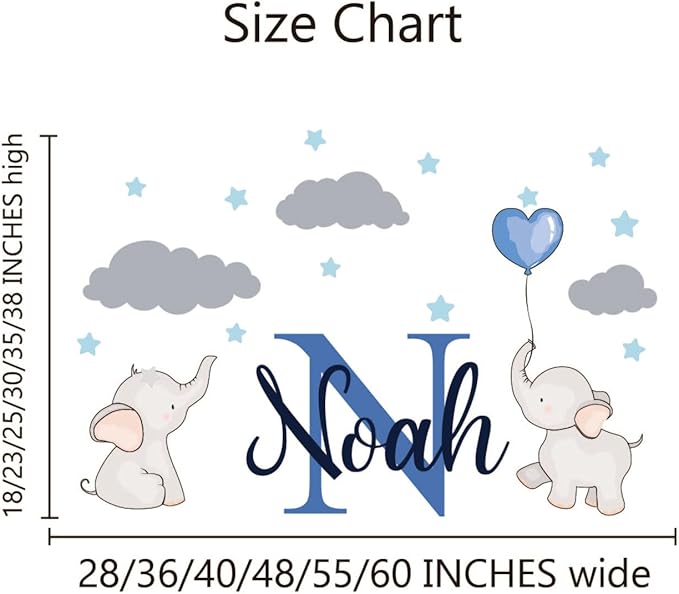 Personalized Elephant Wall Stickers - Custom Name & Initial with Clouds & Stars Nursery Decal for Baby Girl or Boy Room Decor.