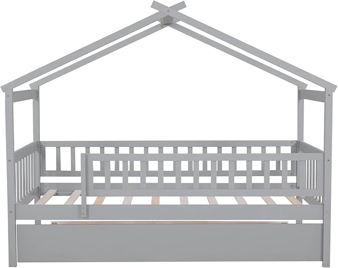 Twin House Bed with Trundle, Kids Twin Platform Bed Frame with Rails and Roof, Tent Bed, Wood Playhouse Bed Twin Montessori Bed for Kids Teens Girls & Boys, No Box Spring Needed (Gray)