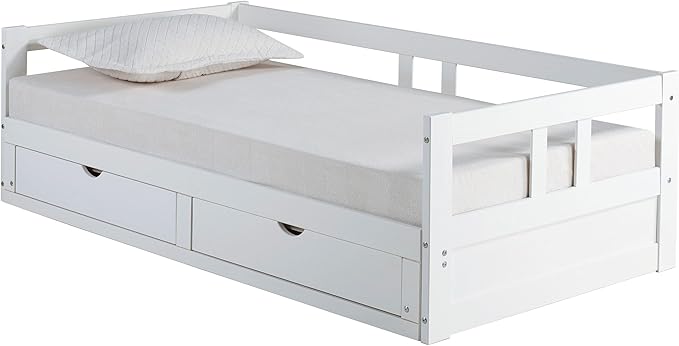 Alaterre Furniture Melody Twin to King Extendable Daybed with Trundle and Storage Drawers – Solid Pine Wood Kids Bed Frame with Headboard – Guest Bed for Boys, Girls, Toddlers, or Teens (White)
