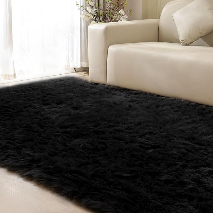 Black Faux Sheepskin Washable Fluffy Fur Rugs for Bedroom Fuzzy Nursery Rug 3x5 Rectangle Rug Cute Room Home Décor