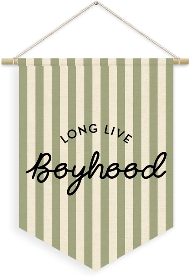 Boys Room Decor, Long Live Boyhood Boy Nursery Linen Canvas Banner, Green and White Striped Wall Hanging Pennant Flag Banner for Boys Kids Toddler Room Bedroom Playroom Decor, 15x11in