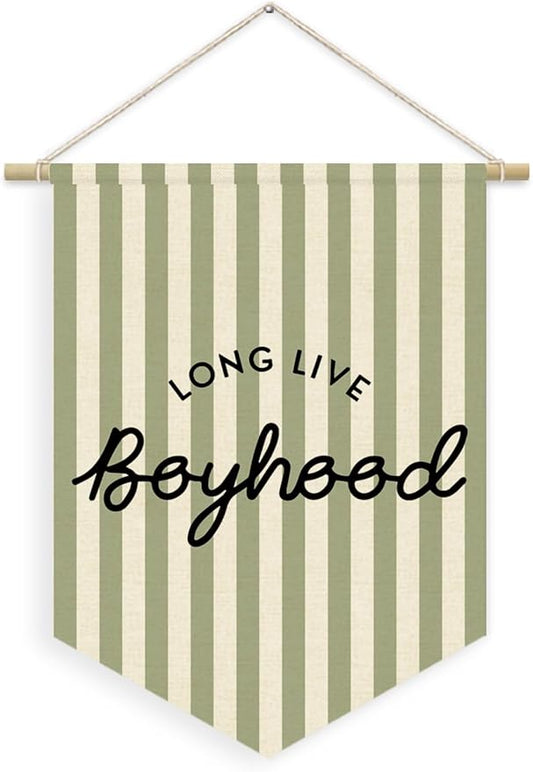 Boys Room Decor, Long Live Boyhood Boy Nursery Linen Canvas Banner, Green and White Striped Wall Hanging Pennant Flag Banner for Boys Kids Toddler Room Bedroom Playroom Decor, 15x11in