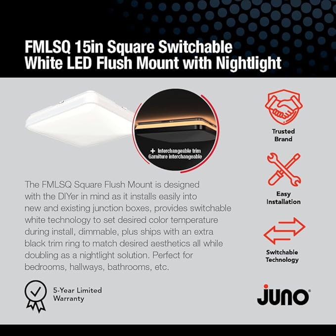 Juno FMLSQ 15IN SWW5 90CRI WBT NL M4 LED Flush Mount Ceiling Light, Square, 15-Inch